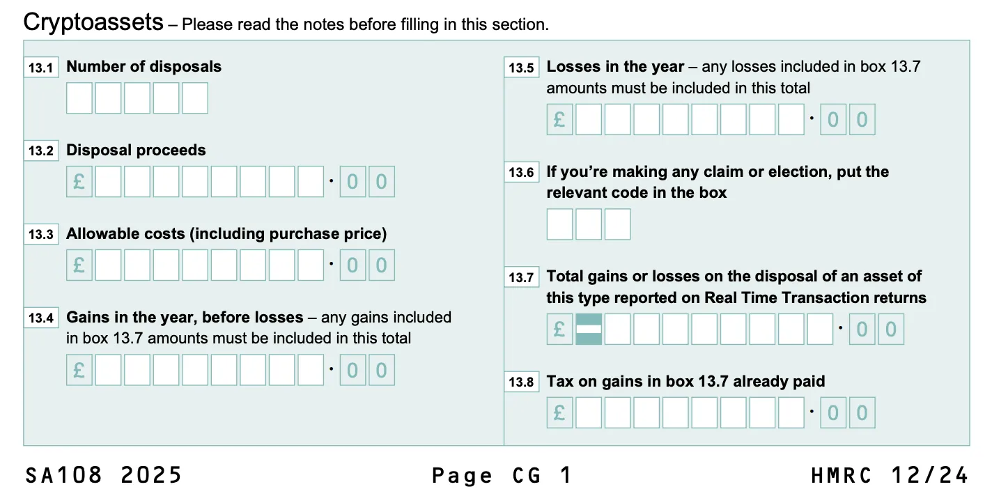 HMRC Self Assessment Tax Return - Cryptoassets Capital Gains